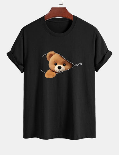 Yeshayahu® | Zipper Bear Print Cotton T-Shirt