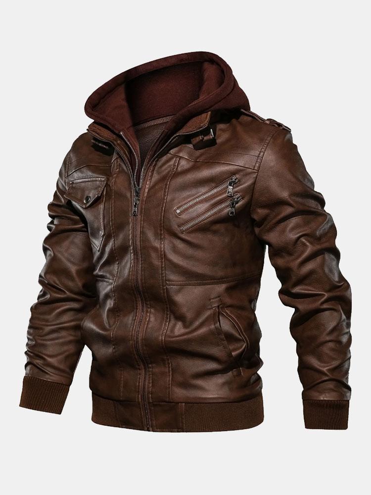 Hawke | Detachable Hooded Zip Up PU Leather Jacket