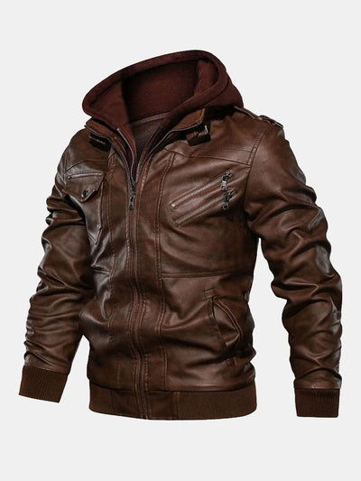 Hawke | Detachable Hooded Zip Up PU Leather Jacket