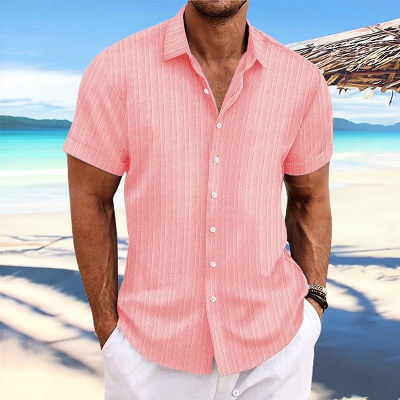 Men's Cotn Linen Stripe Print Loose Short Sleeve Lapel Shirt