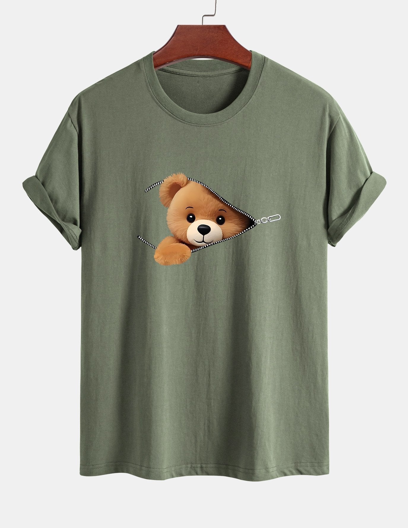 Yeshayahu® | Zipper Bear Print Cotton T-Shirt