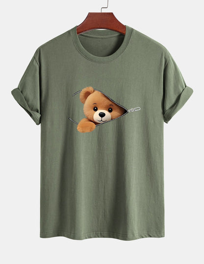Yeshayahu® | Zipper Bear Print Cotton T-Shirt