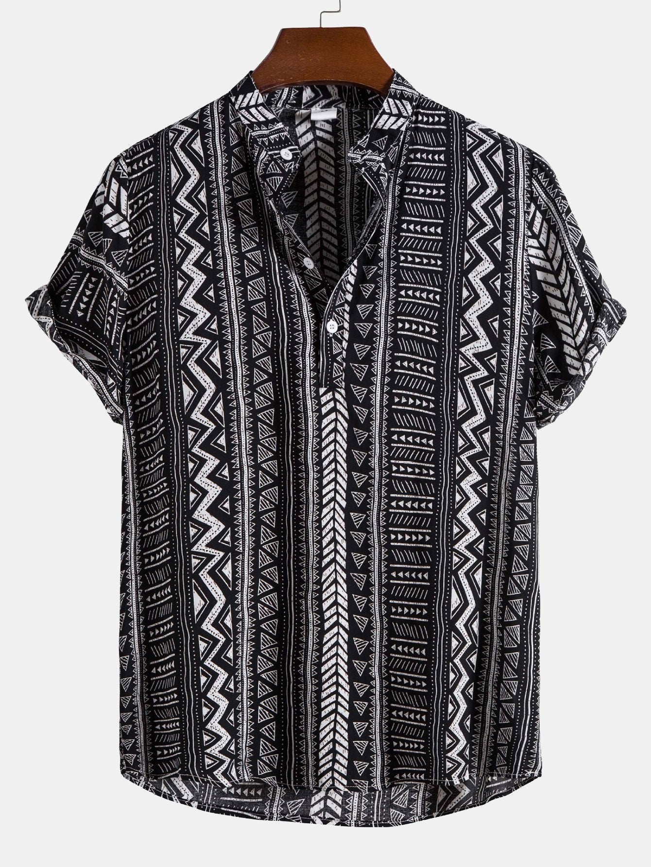 Aram® | Tribal Geometric Print Half Placket Henley Collar Shirt