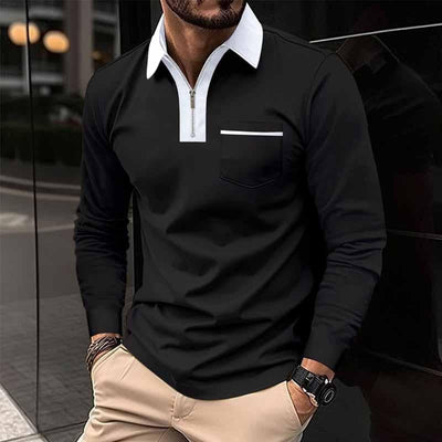 Men's Color Block Pocket Long Sleeve POLO Shirt