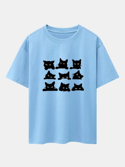 Atanasio® | Black Cat Staring Print Drop Shoulder Oversize T-Shirt