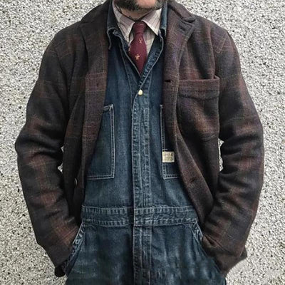 Men's Retro Checkered Lapel Loose Jacket