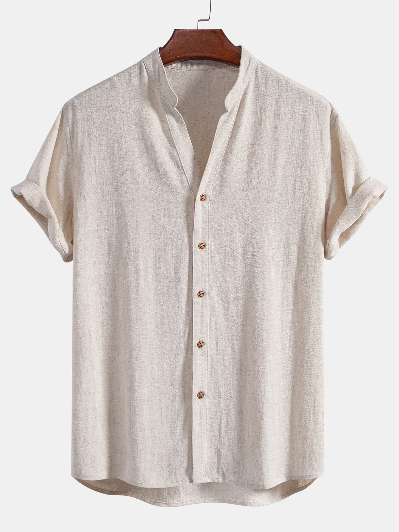 Akihiko® | Short Sleeve Linen Rayon Blend Stand Collar Shirt