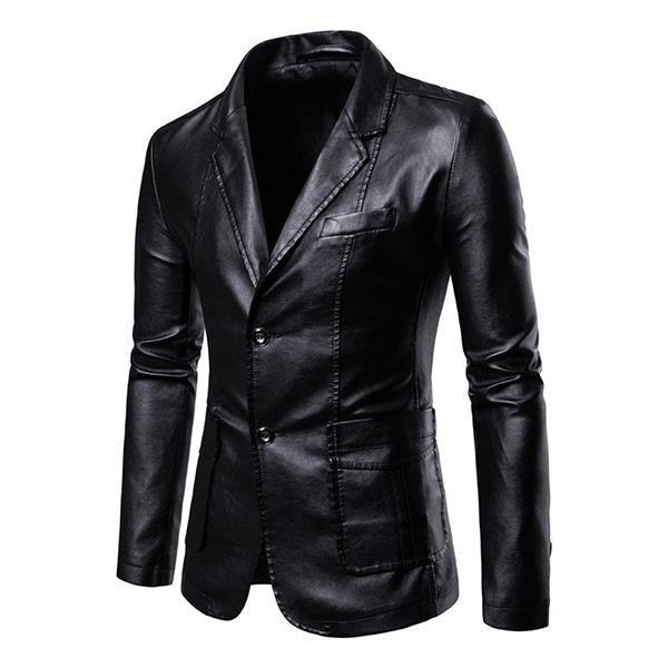 Men's Vintage Lapel Two Button Single Breasted Slim Fit PU Blazer