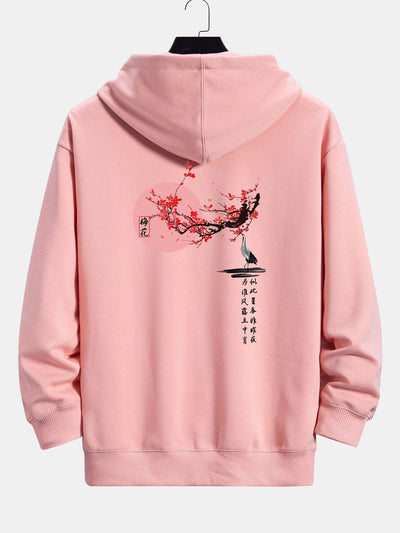 Larry | Plum Blossom And Crane Back Print Relax Fit Hoodie
