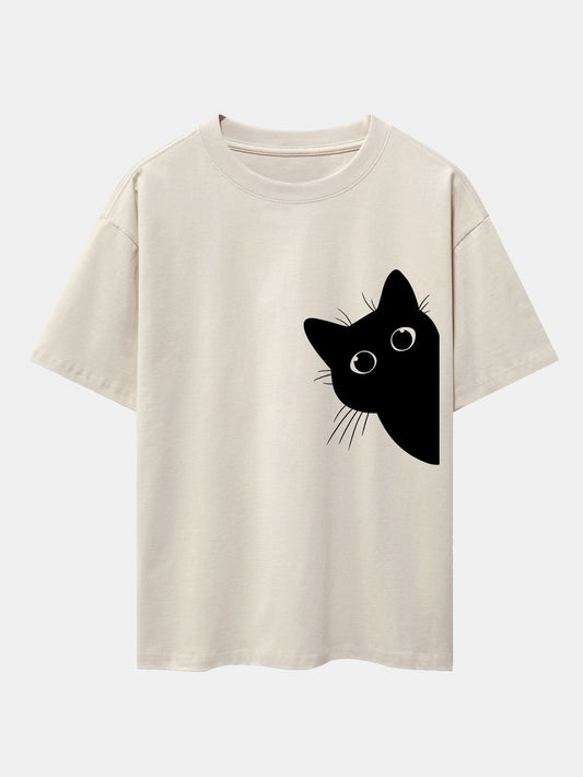 Severo® | Black Cat Print Drop Shoulder Oversize T-Shirt