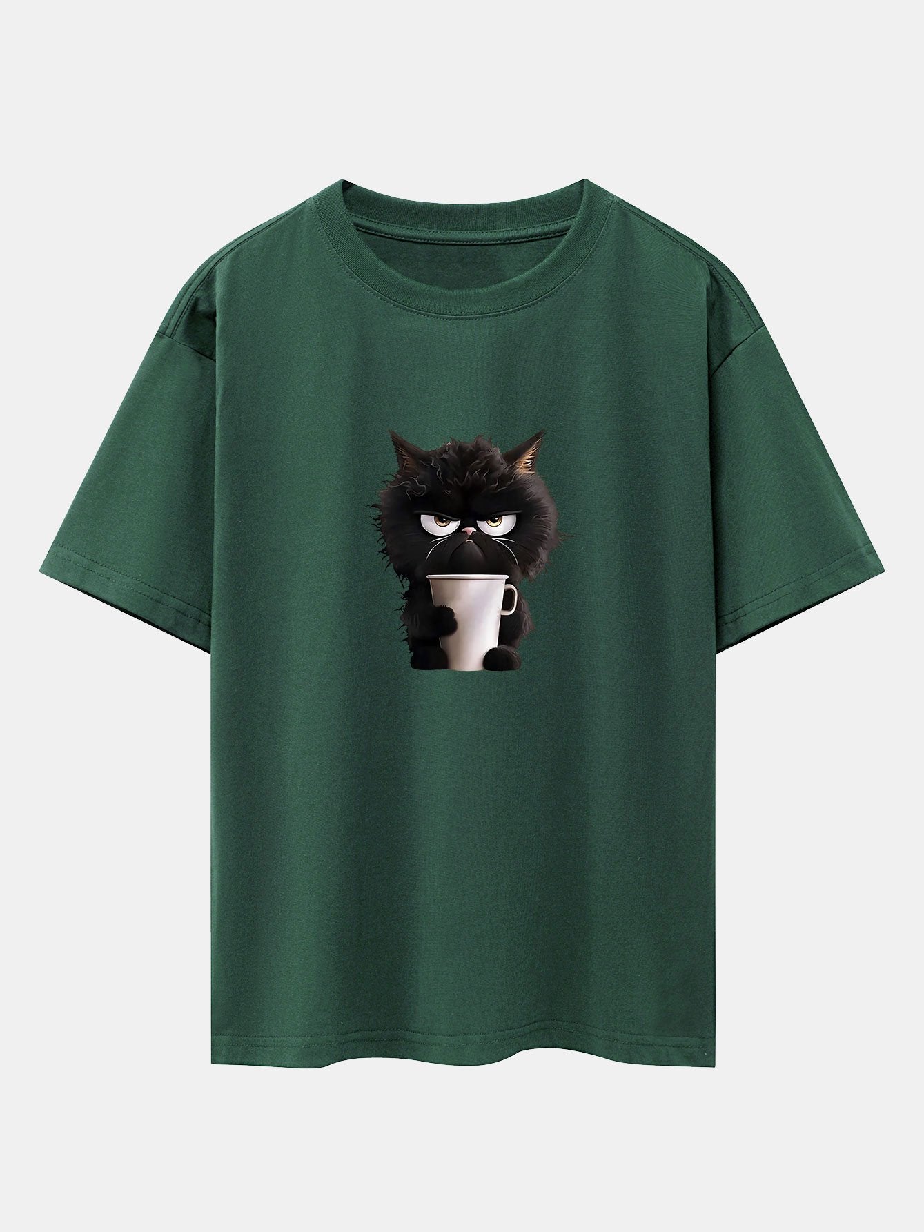 Augusto® | Black Cat Drinking Coffee Print Drop Shoulder Oversize T-Shirt