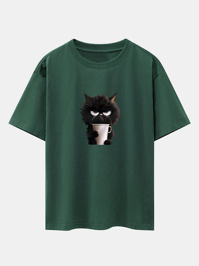 Augusto® | Black Cat Drinking Coffee Print Drop Shoulder Oversize T-Shirt