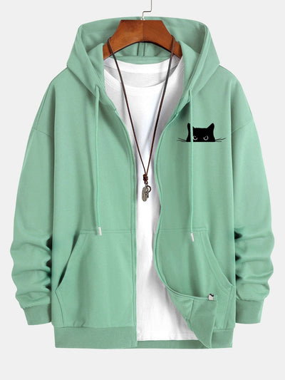 Harry | Black Cat Print Relax Fit Zip Hoodie