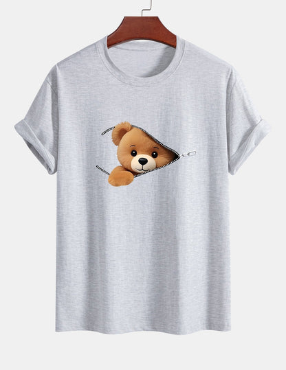 Yeshayahu® | Zipper Bear Print Cotton T-Shirt