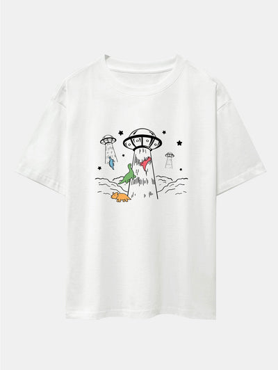 Xavier® | Ufo Take Away Dinosaurs Print Drop Shoulder Oversize T-Shirt