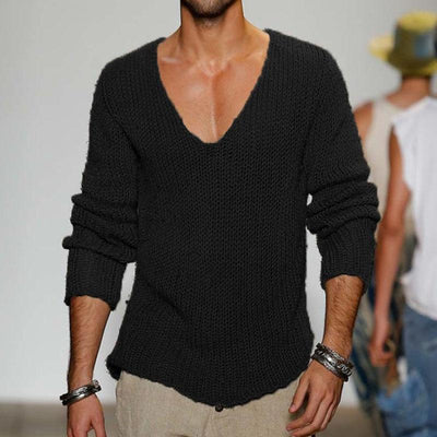 Men's Casual Solid Color V-Neck Loose Knit Pullover Sweater