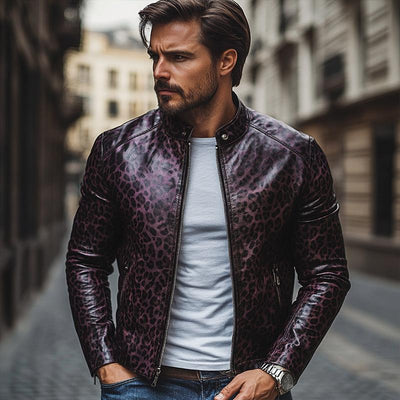 Men's Fashion Leopard Print Stand Collaripper SliFit Leather Jacket