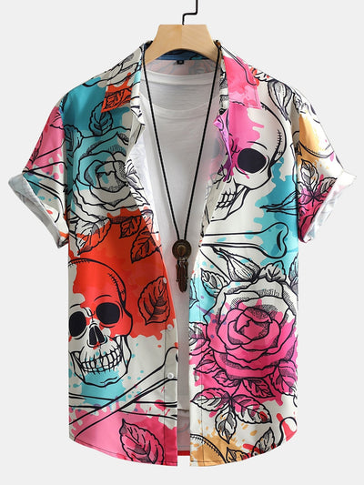 Amalaric® | Skull Floral Print Button Up Shirt
