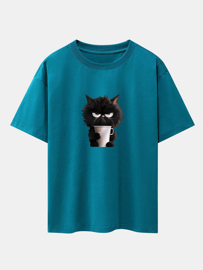 Augusto® | Black Cat Drinking Coffee Print Drop Shoulder Oversize T-Shirt