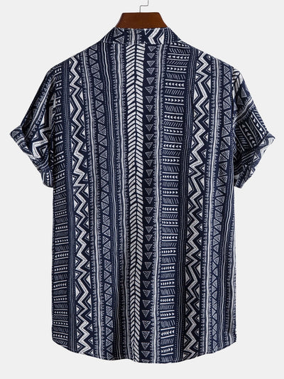 Kolby® | Tribal Geometric Print Half Placket Henley Collar Shirt