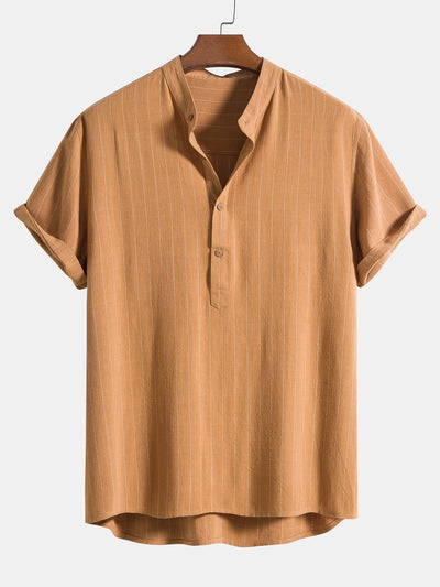 Aryan® | Linen Blend Striped Half Open Placket Henley Collar Shirt