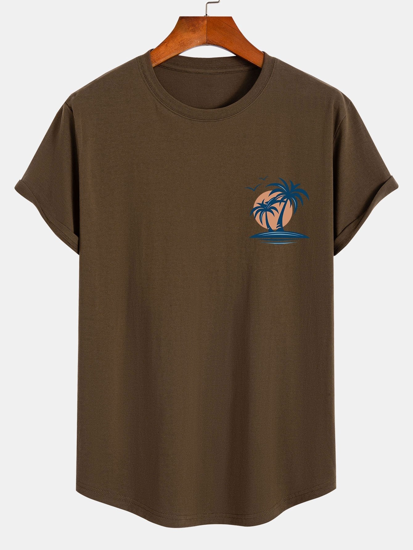 Ben® | Palm Tree Seagull Print Cotton Arc Hem T-Shirt