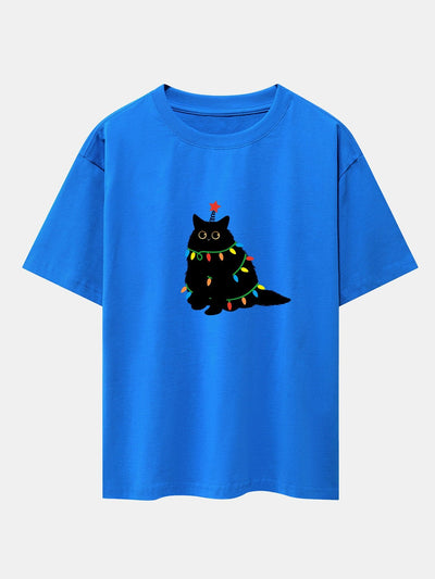 Juan® | Christmas Lights Black Cat Print Drop Shoulder Oversize T-Shirt