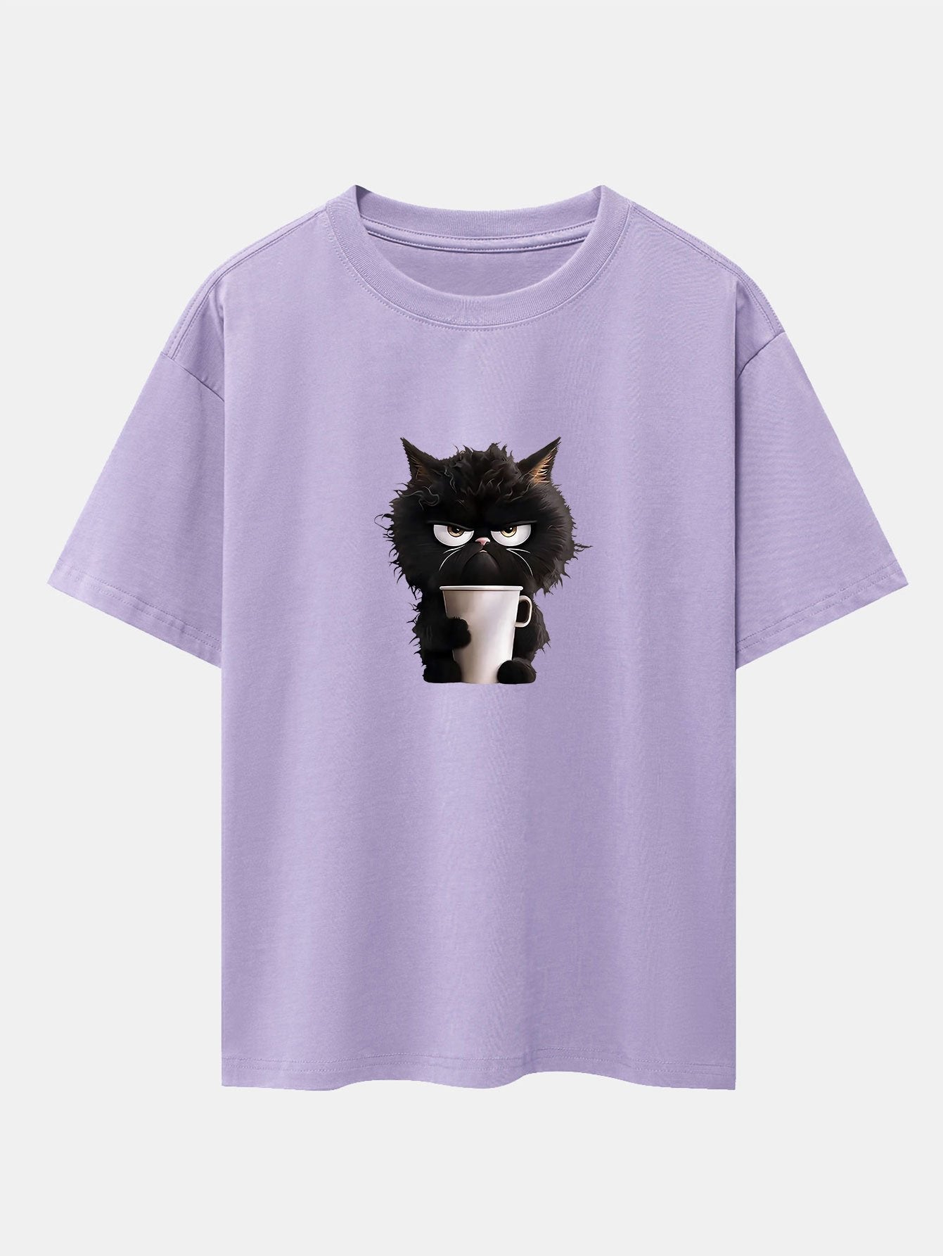Augusto® | Black Cat Drinking Coffee Print Drop Shoulder Oversize T-Shirt