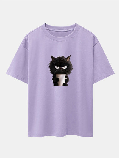 Augusto® | Black Cat Drinking Coffee Print Drop Shoulder Oversize T-Shirt