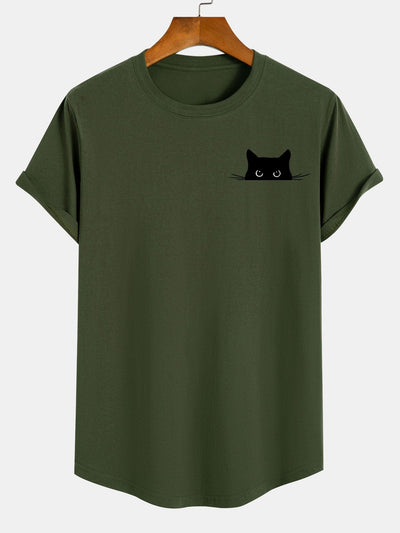Apolinar® | Black Cat Print Cotton Arc Hem T-Shirt