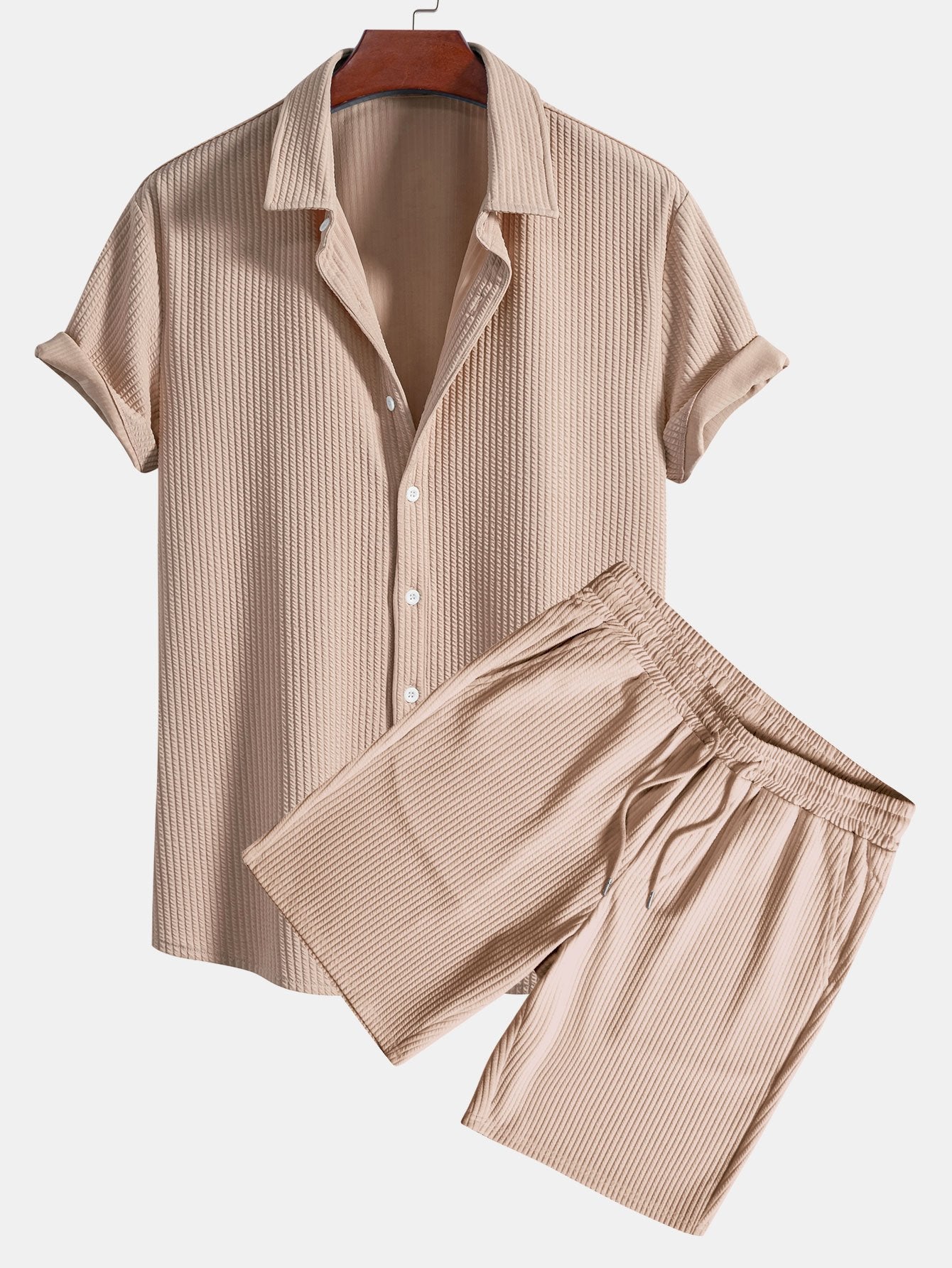 Tate® | Muscle Fit Ribbed Button Up Shirt & Shorts