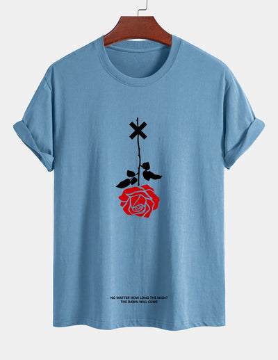 Teobaldo® | Inverted Rose Slogan Print Cotton T-Shirt