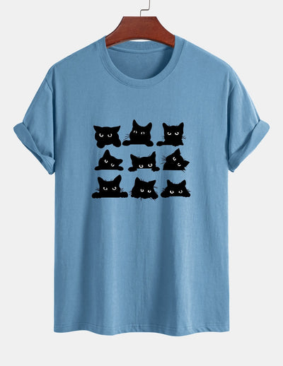 Arán® | Black Cat Staring Print Cotton T-Shirt