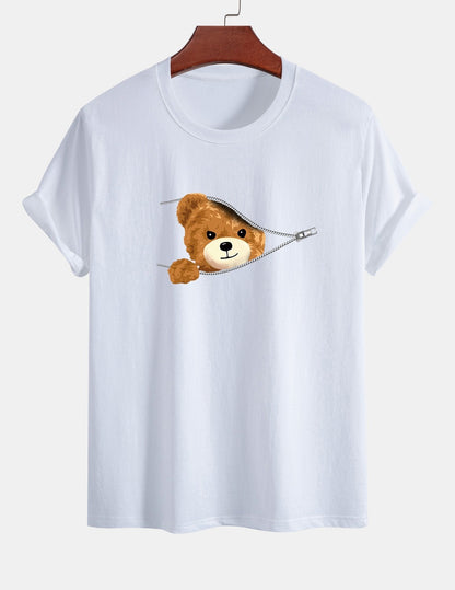 Yeray® | Zipper Bear Print Cotton T-Shirt