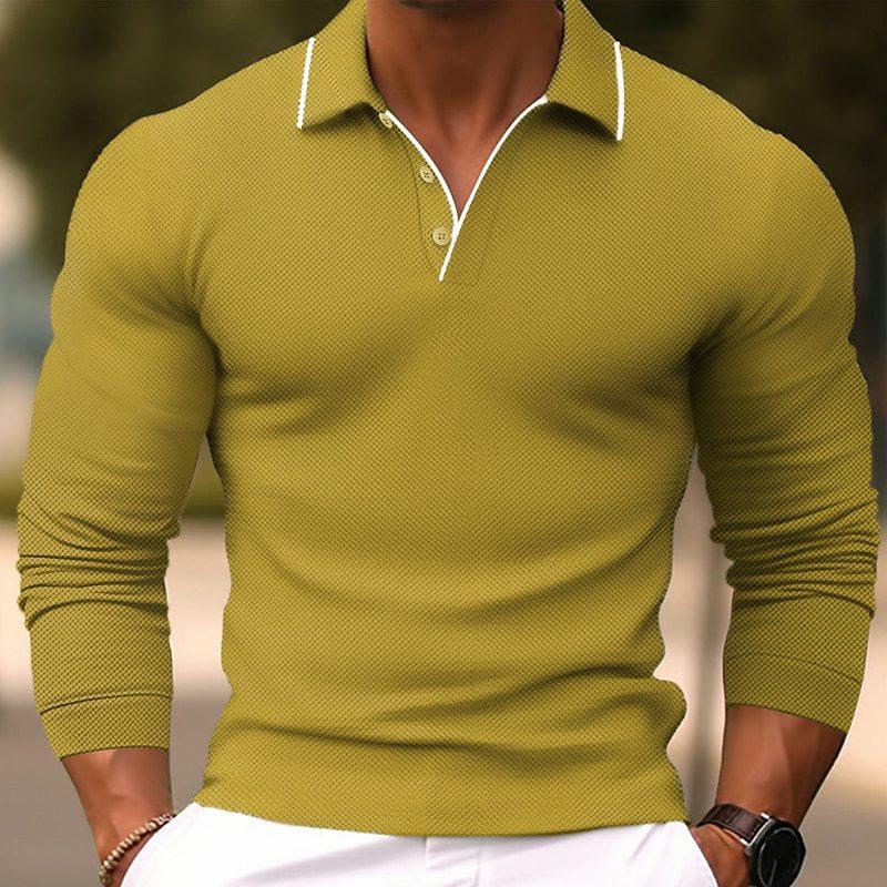 Men's Solid Color Lapel SliFit Cotn Blend Long Sleeve Polo Shirt