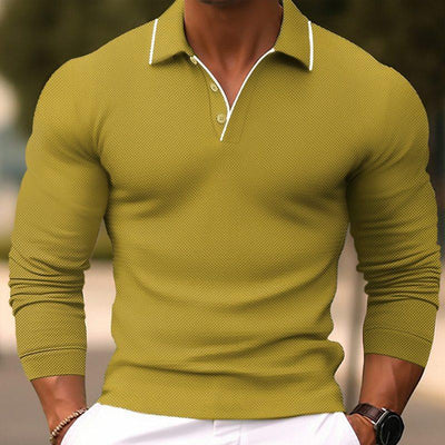Men's Solid Color Lapel SliFit Cotn Blend Long Sleeve Polo Shirt