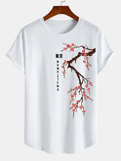 Kane® | Tokyo Japanese Cherry Blossoms Print Cotton Arc Hem T-Shirt