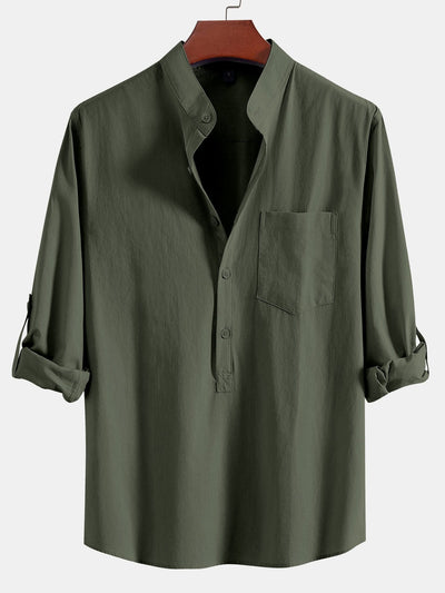 Aniruddha® | Long Sleeve Linen Look Henley Collar Shirt