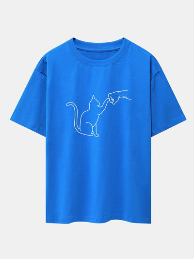 Asier® | Fist Bump Cat Print Drop Shoulder Oversize T-Shirt