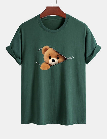 Yeshayahu® | Zipper Bear Print Cotton T-Shirt