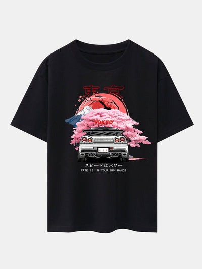 Jorge® | Tokyo Cherry Blossoms Car Print Drop Shoulder Oversize T-Shirt & Swim Shorts