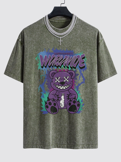 Jeremy® | Tattered Bear Print Washed Drop Shoulder Oversize T-Shirt