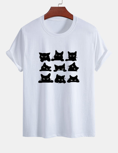 Arán® | Black Cat Staring Print Cotton T-Shirt