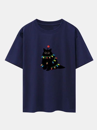 Juan® | Christmas Lights Black Cat Print Drop Shoulder Oversize T-Shirt