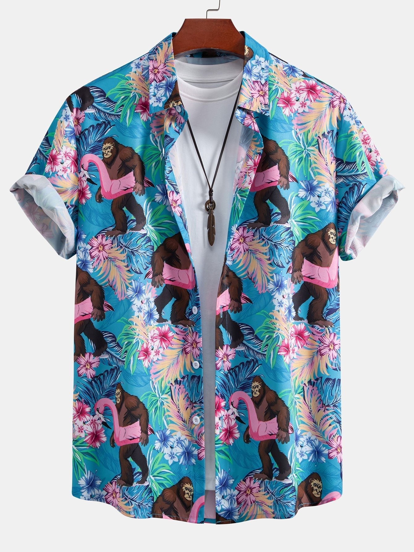 Adonai® | Tropical Plants And Orangutan Print Button Up Shirt & Swim Shorts