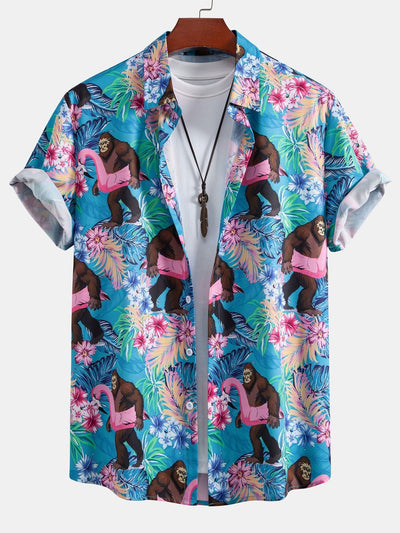 Adonai® | Tropical Plants And Orangutan Print Button Up Shirt & Swim Shorts