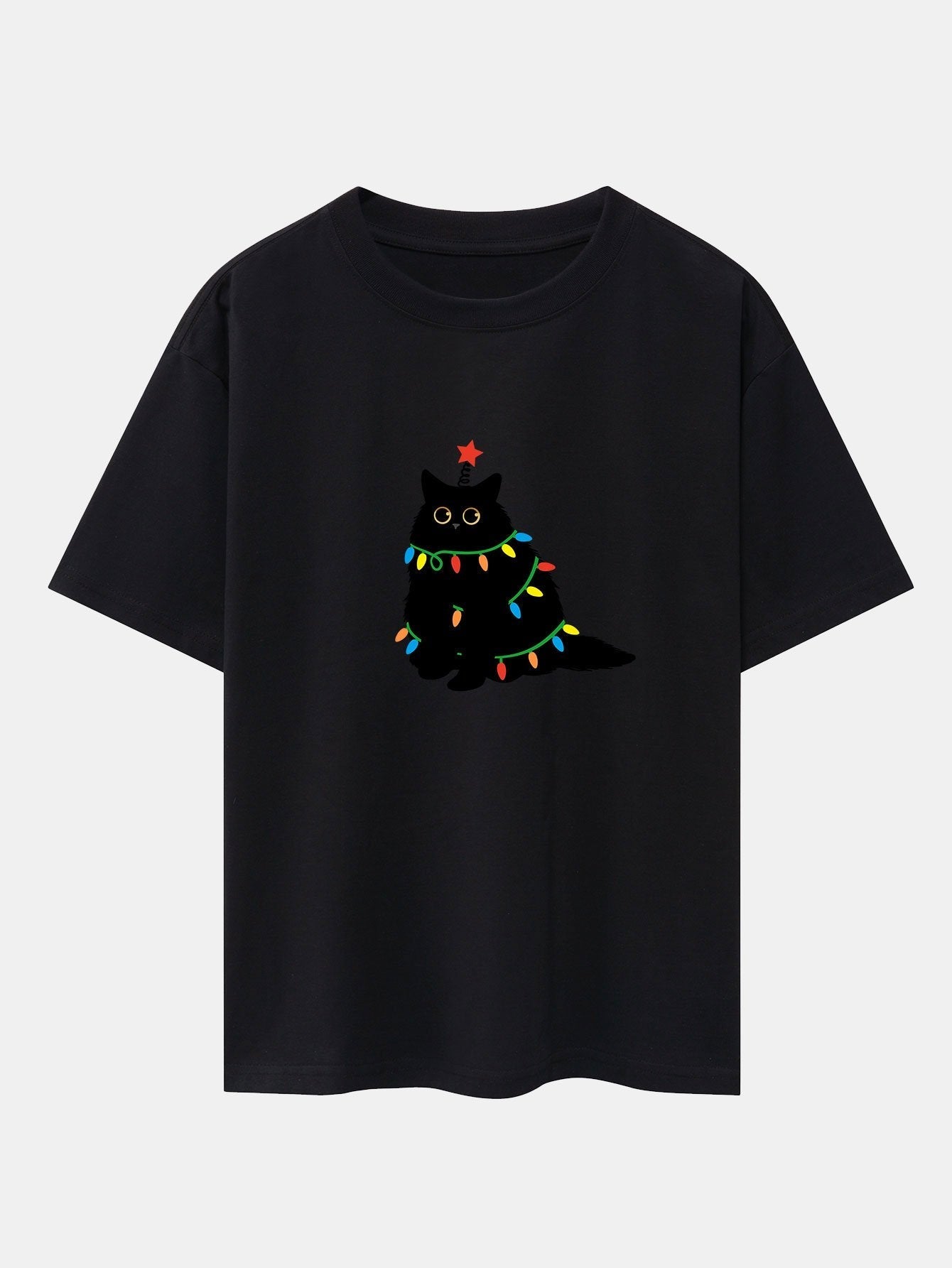 Silvano® | Christmas Lights Black Cat Print Drop Shoulder Oversize T-Shirt