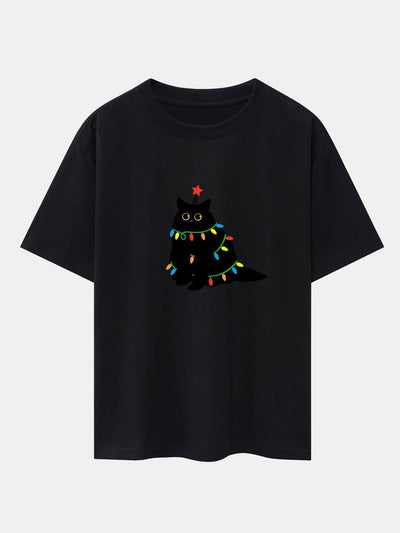 Silvano® | Christmas Lights Black Cat Print Drop Shoulder Oversize T-Shirt