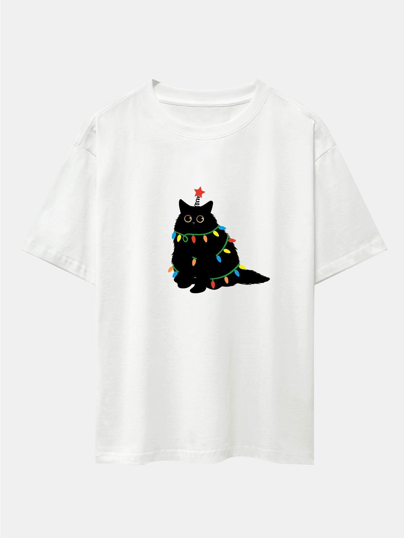 Silvano® | Christmas Lights Black Cat Print Drop Shoulder Oversize T-Shirt