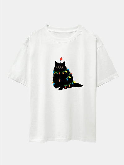 Silvano® | Christmas Lights Black Cat Print Drop Shoulder Oversize T-Shirt